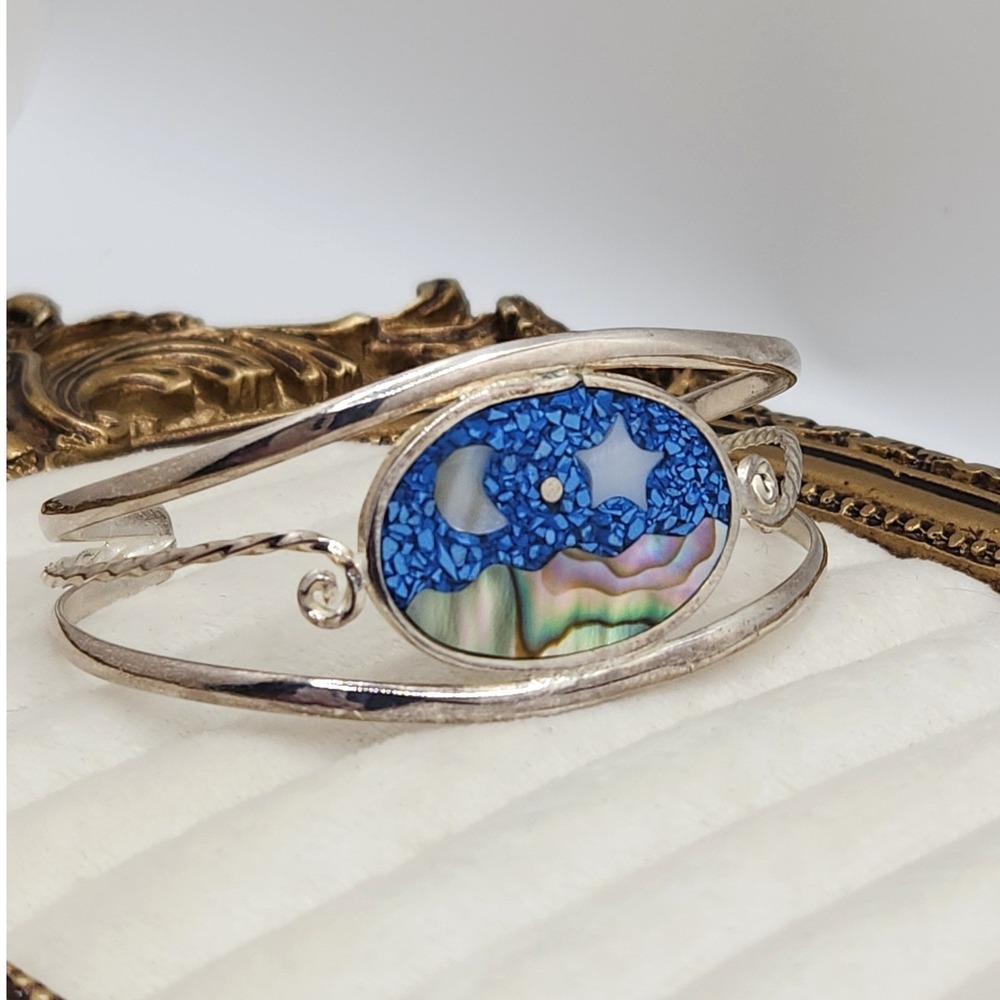 Vintage Celestial Moon Star Abalone Inlay Cuff Bracelet Alpaca Southwestern Boho